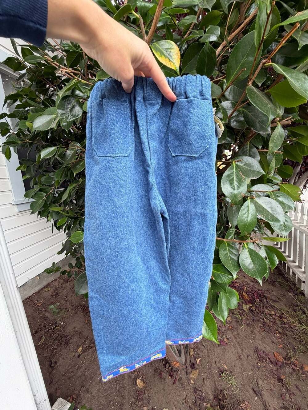 Vintage Denim Handmade Pull-On with Cars Hem Trim